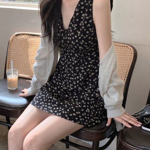 已出货尺码更新韩国chic夏季新款ins甜美蕾丝拼接V领印花短连衣裙