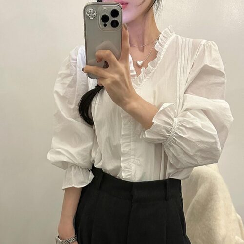 有货 加色 韩国chic 早秋 压褶 单排扣 荷叶边长袖 白色衬衣女