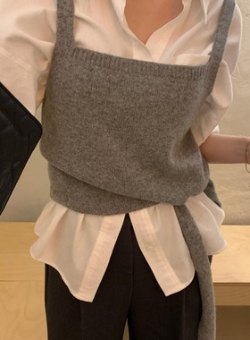 韩国chic冬日 绑带短款吊带背心毛衣