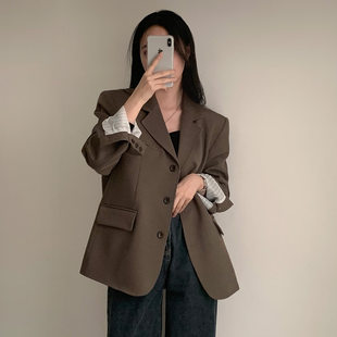 有货 韩国chic早秋 气质撞色百搭宽松 单排扣长袖西装外套女