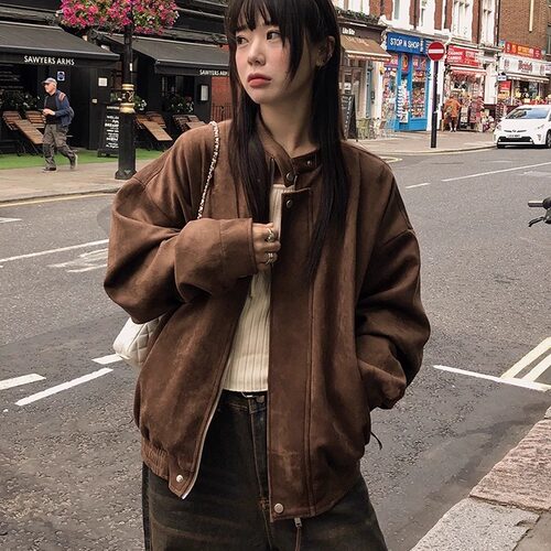 已出货    街头感复古麂皮绒拉链机车休闲夹克短外套