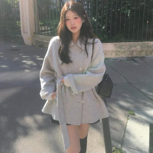 已出货尺码更新韩国chic秋冬韩系复古甜美休闲宽松细腰毛呢外套