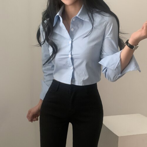 有货 韩国chic 秋日 新款基础款 高腰短款长袖衬衫女 白色衬衣
