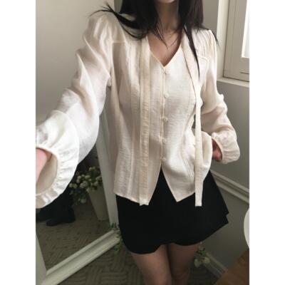 韩国chic春日 V领 飘带 长袖 衬衫