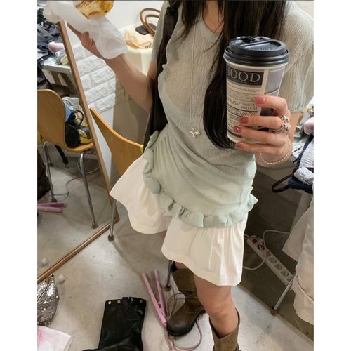 已出货  韩系  小众设计感花边褶皱不规则短袖T恤  女