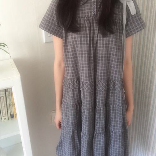 有货 韩国复古日系格子减龄学院风短袖连衣裙娃娃领显瘦蛋糕裙女