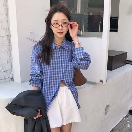 有货 韩国chic秋季单排扣蓝色格子衬衫女燕尾长袖衬衣女
