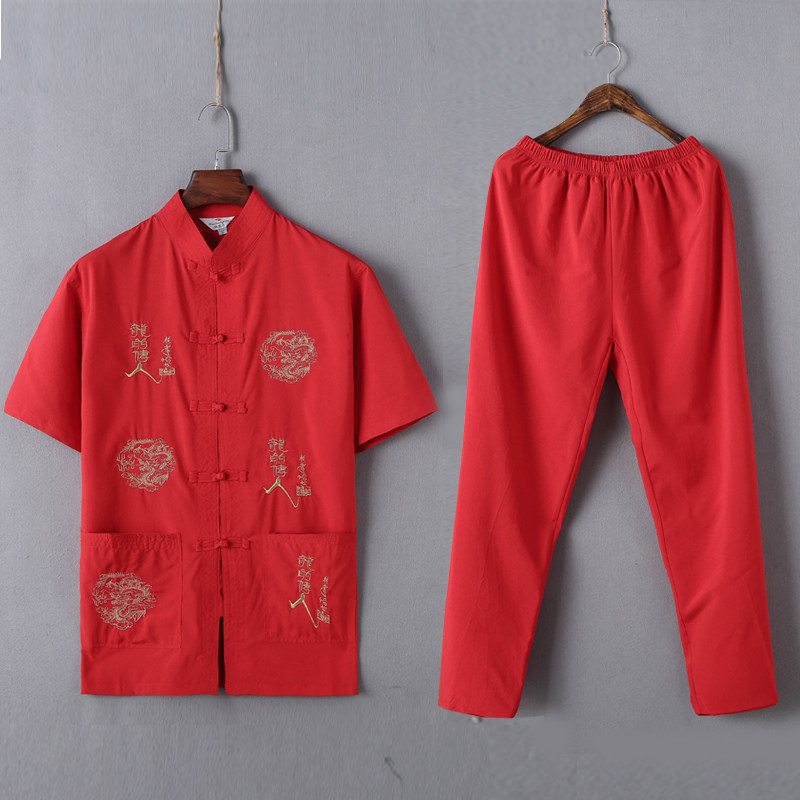 TANG COSTUME MENS CHINESE STYLE 50-60-70 YEARS OLD GRANDFATHER SUIT MIDDLE-AGED AND ELDERLY SUMMER CLOTHES SHORT-SLEEVED FATHER FATHER PAN BUCKLES THIN CLOTHES
