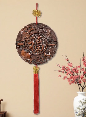 中式香樟木福字木雕挂件新年装饰品镂空雕花流苏马年直径48cm