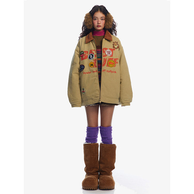 Mint Cat 24冬季新品实拍美式复古宽松贴标印花水洗棉服外套