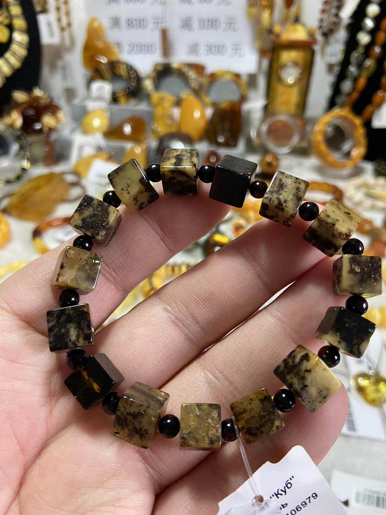 Россия俄罗斯天然欧款琥珀蜜蜡奥利奥方块手串