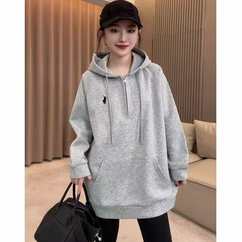 欧货刺绣中长款连帽卫衣裙女2025秋季新款半开领显瘦宽松减龄休闲