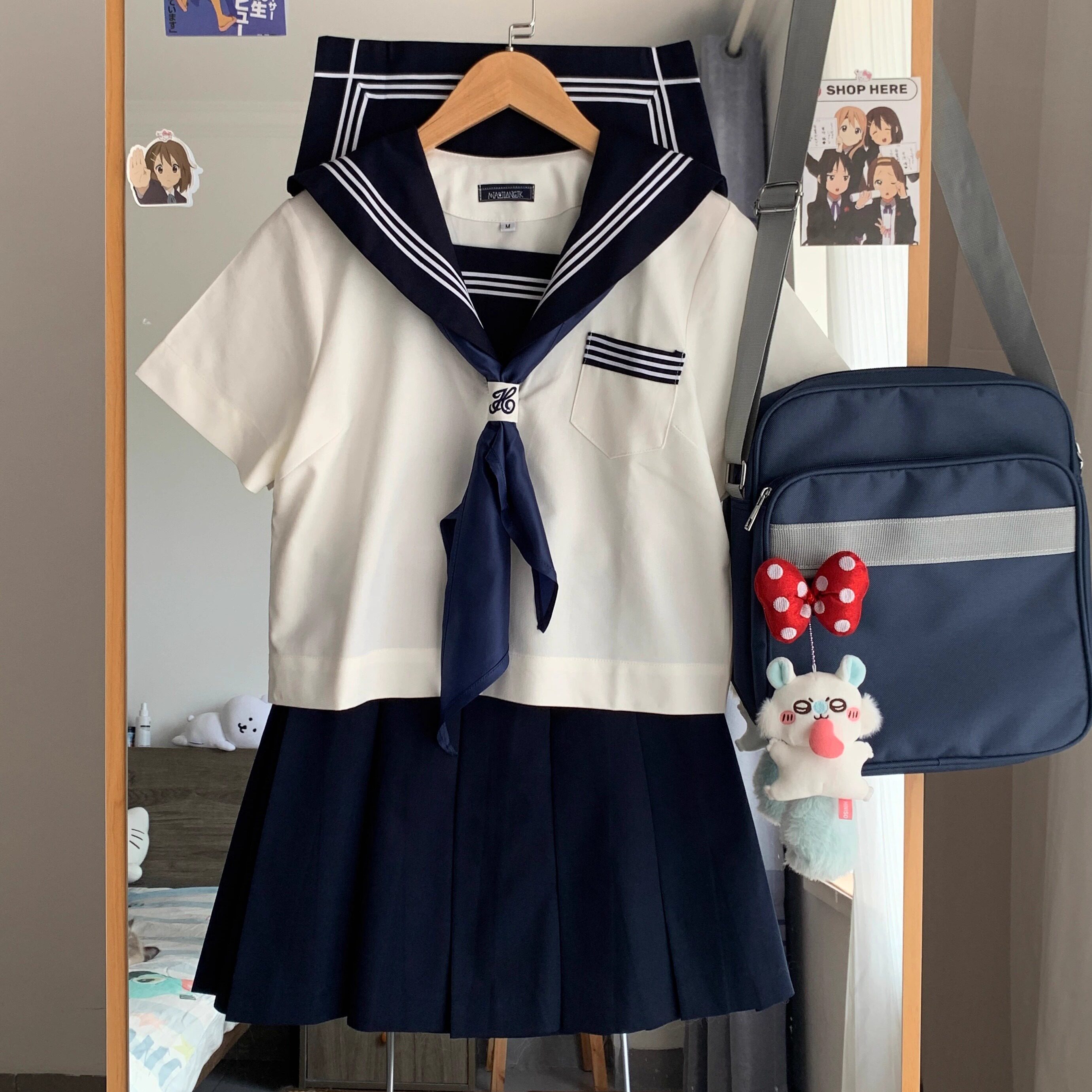 喵酱JK基础款正统水手服学院风绀领白三本交叉襟线短袖水手服套装