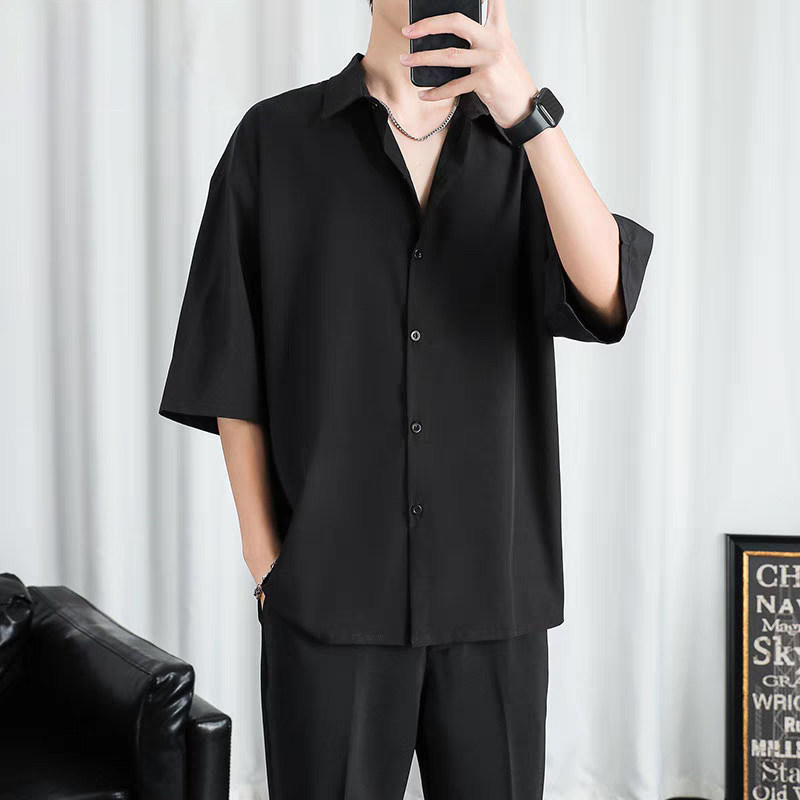 【冰丝衬衫】港风短袖衬衫男款夏季休闲纯色衬衣男生宽松薄款外套