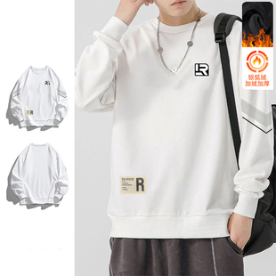 男士卫衣秋冬新款圆领宽松加绒无帽套头上衣青年长袖男款外套百搭