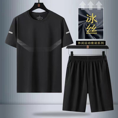夏季薄款运动套装男士五分短裤速干冰丝透气短袖T恤休闲两件装