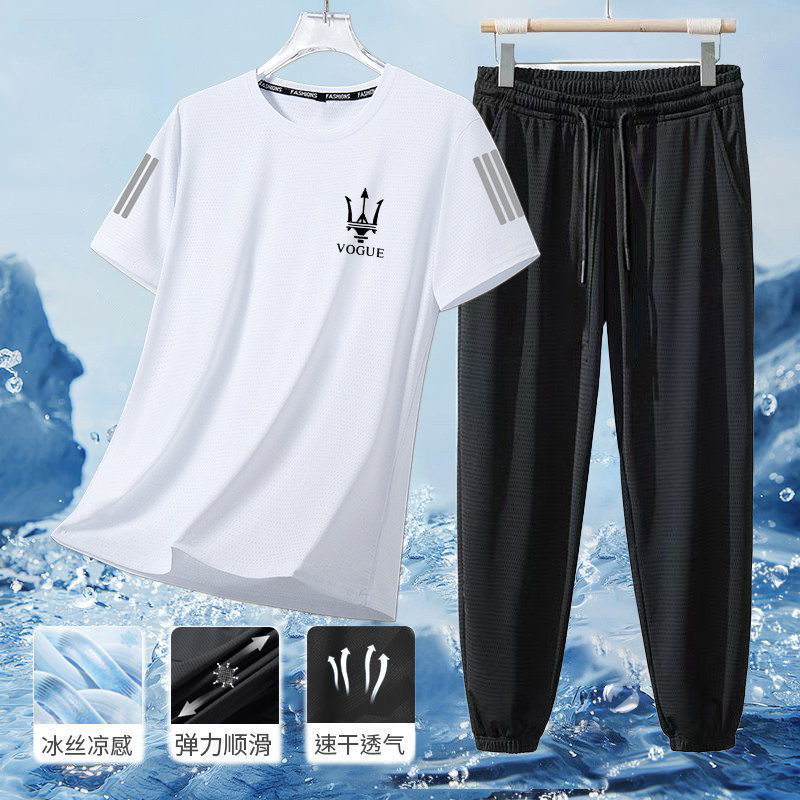 冰感休闲套装男士夏季透气速干弹力短袖长裤男圆领运动服套装男潮