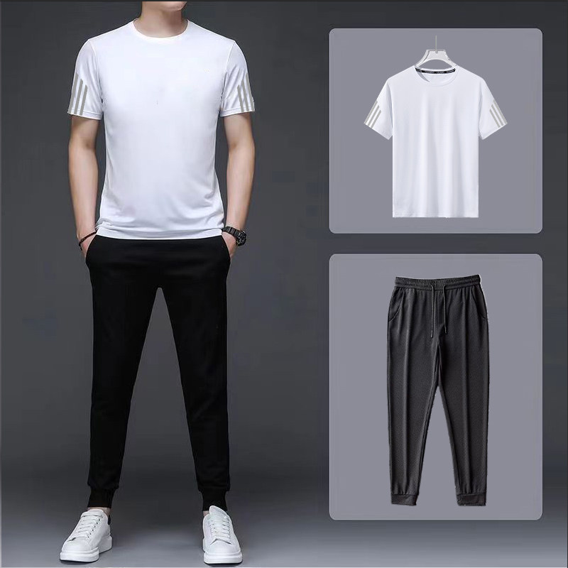 冰丝休闲运动套装男夏季男士户外圆领短袖薄款弹力透气两件套