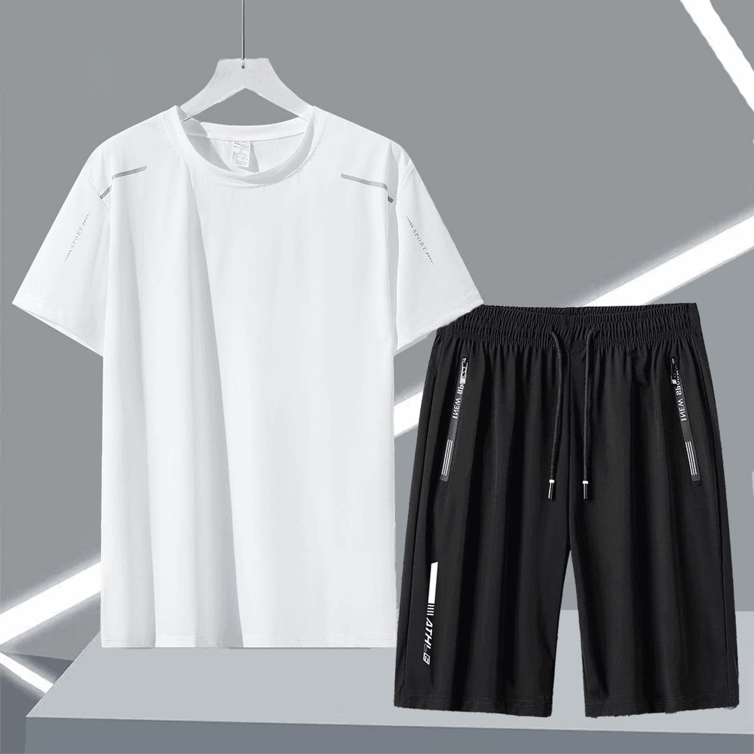 冰感速干运动套装男夏季薄款跑步健身高弹男士冰丝锦纶短袖短裤