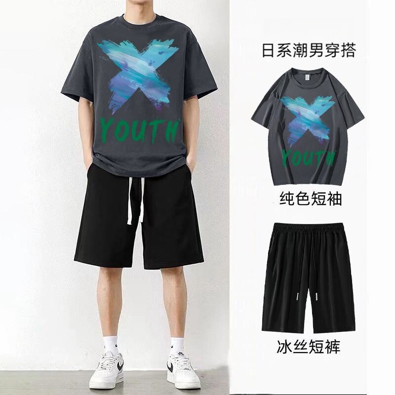 两件装套装短袖t恤男士夏季印花五分裤男上衣服情侣套装运动潮牌