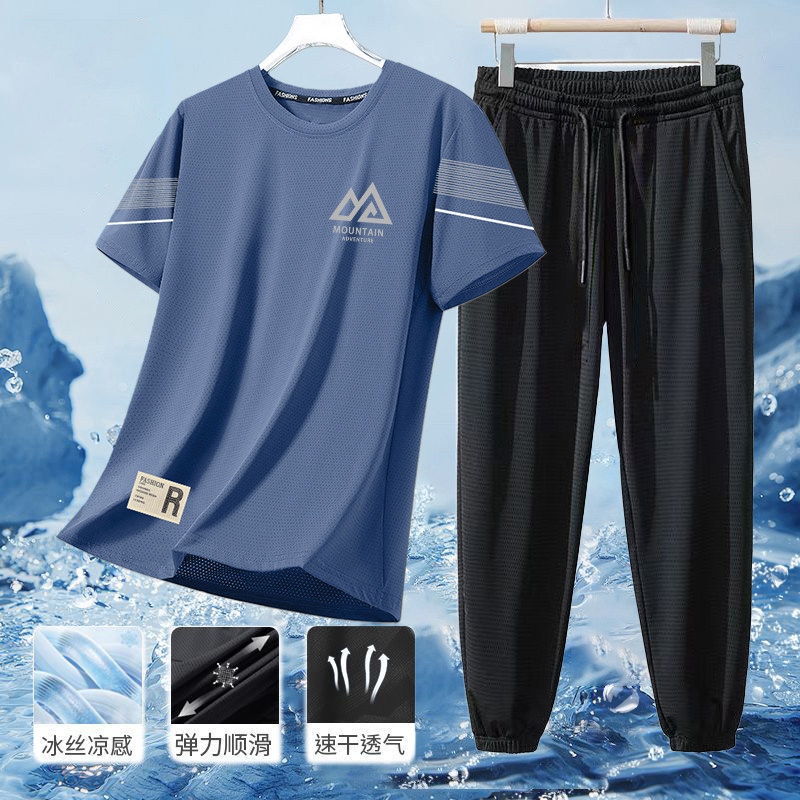冰感休闲套装男士夏季透气速干弹力短袖长裤男圆领运动服套装男潮