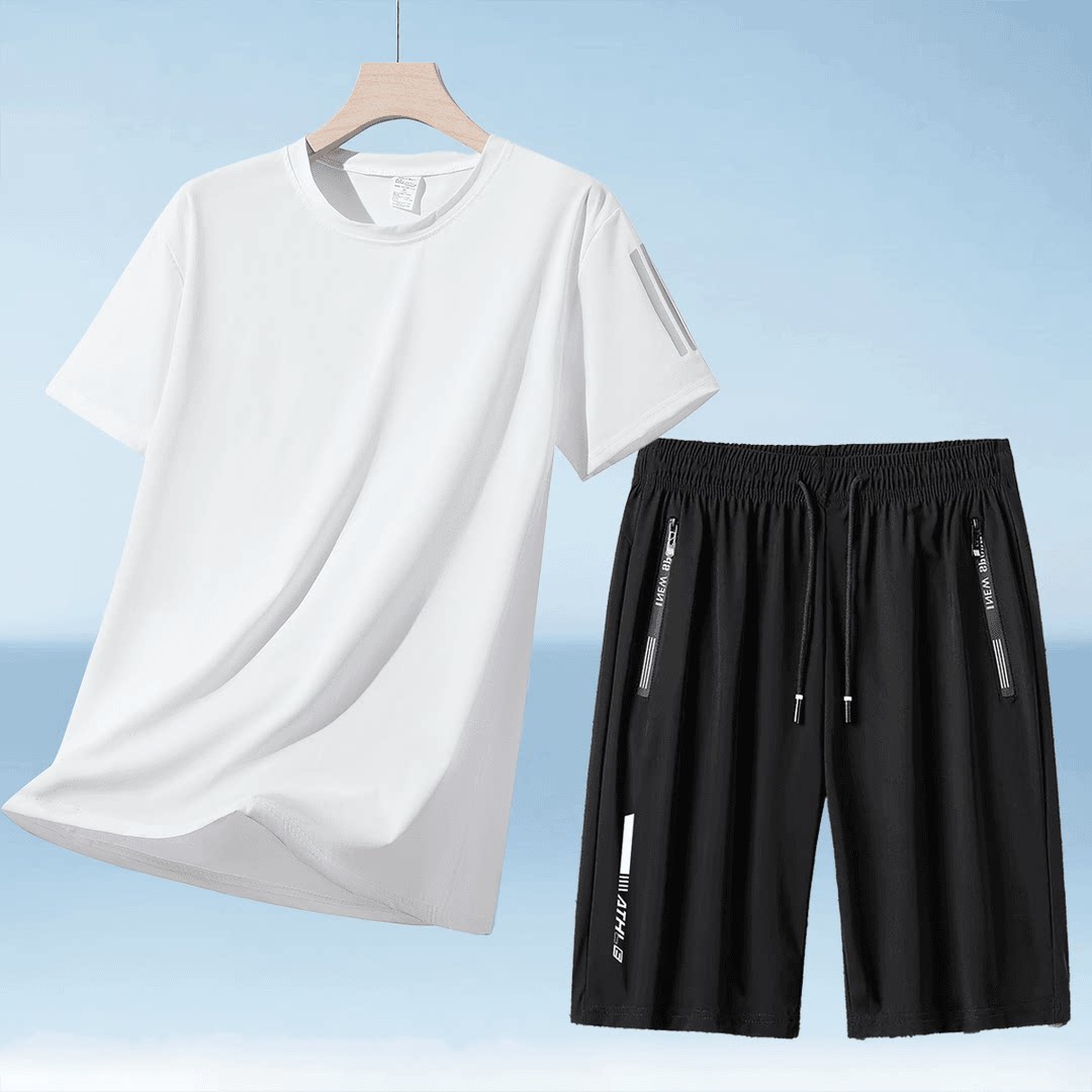 冰丝运动套装男士夏季薄款短袖T恤跑步速干弹力休闲短裤