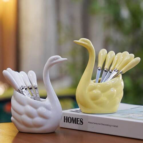 天鹅水果叉套装家用水果捞收纳厨房用品美观实用果切塑料收纳罐