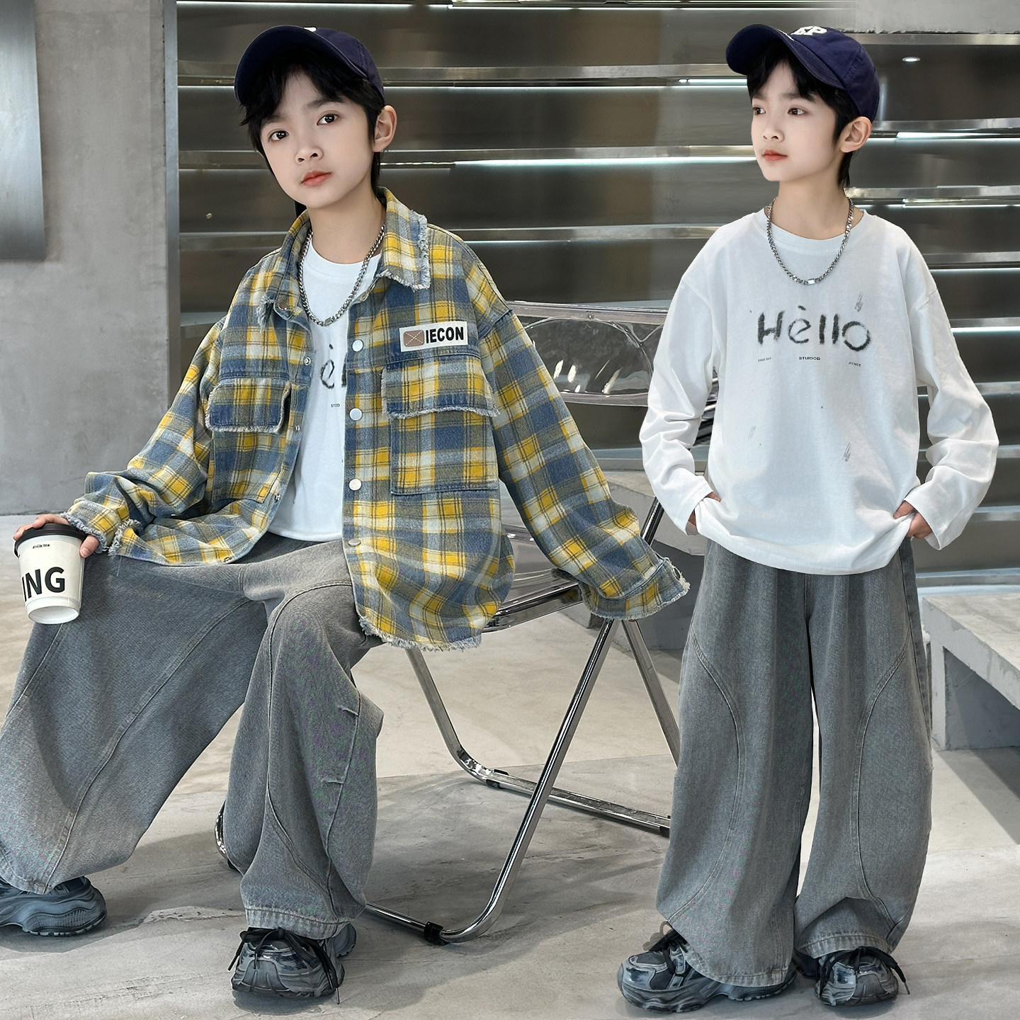 男童2026新款休闲风时髦格子衫衬套装春秋洋气中大童帅气三件套潮