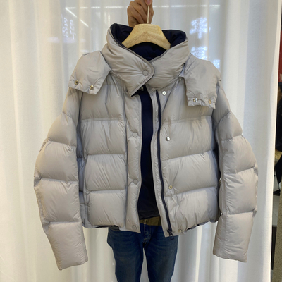 韩版短款龟背撞色羽绒服女连帽加厚白鸭绒宽松面包服外套25年新款