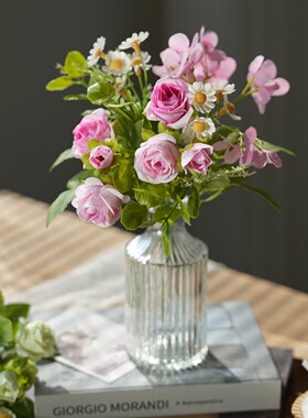 小雏菊玫瑰仿真花轻奢花艺客厅桌面假花装饰干花花束复古风玻璃瓶
