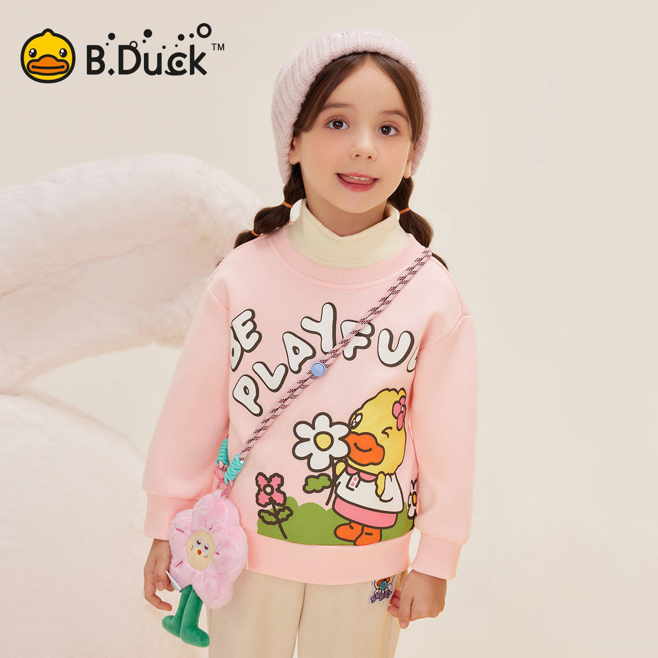 bduck小黄鸭童装女童加绒卫衣半高领儿童保暖上衣冬装加厚套头衫1