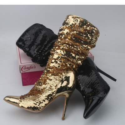 TIMETANG时装靴细跟拼接亮片