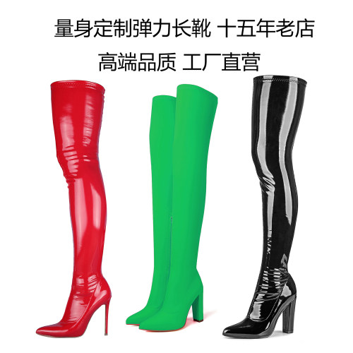 性感过膝长靴尖头粗跟高筒
