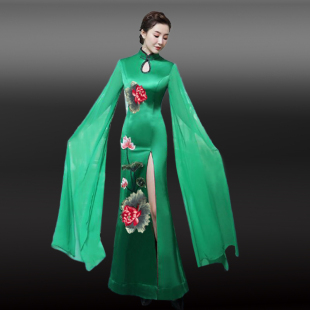 改良长款 演出服民国倒大水袖 修身 新款 舞台伴舞飘逸旗袍裙2023夏季