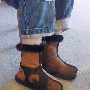 冬棉高邦靴 雅丹风香云纱工艺 纯羊毛一体靴纯手工千层底保暖布鞋