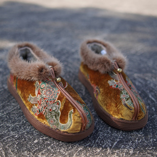 冬纯羊毛皮毛一体青囍【棕金色丝绒宝相象纹】吉祥奢华手工底布鞋