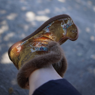 冬纯羊毛皮毛一体青囍手作金鞍顾【浪漫磅礴古意翘头履】纳底布鞋