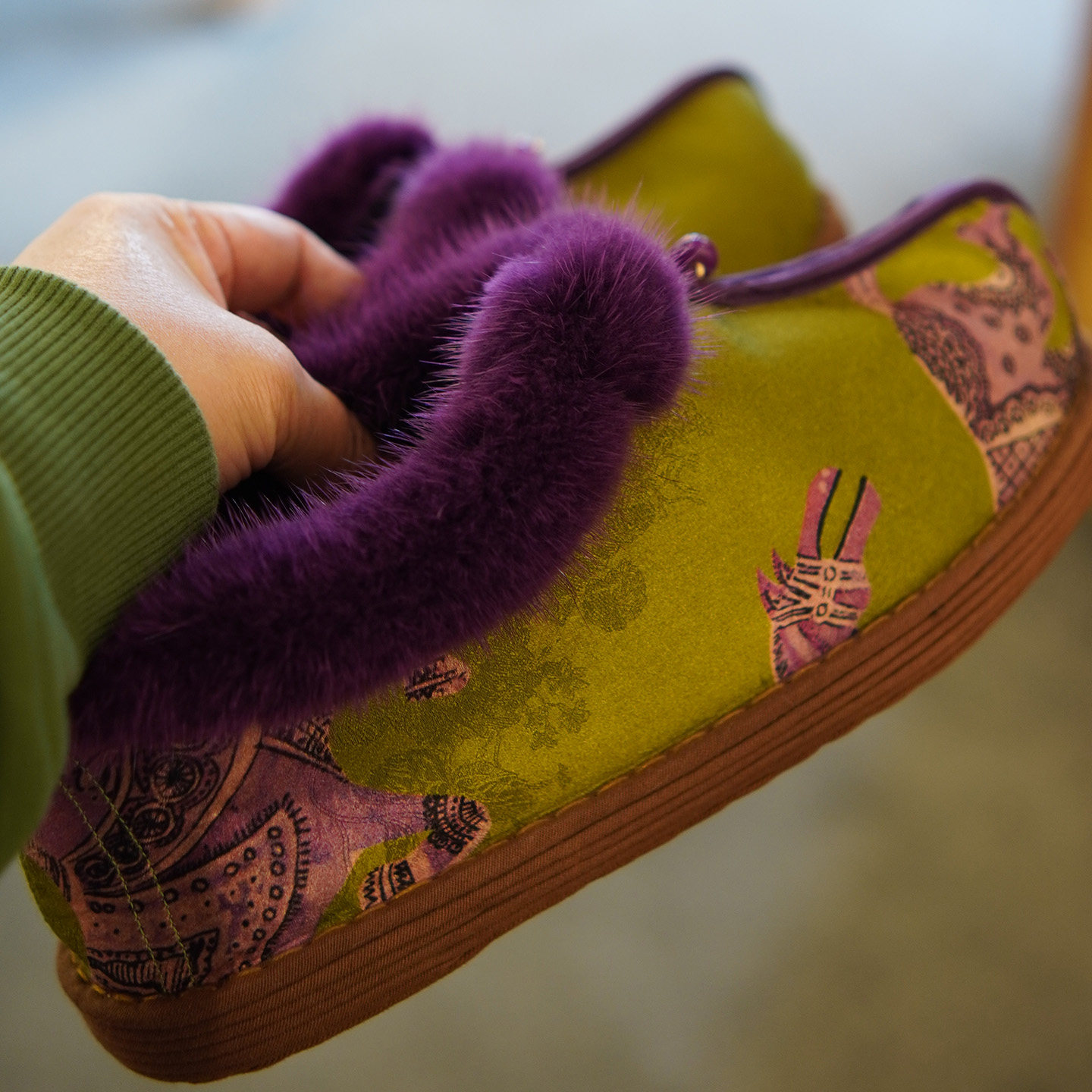 冬纯羊毛皮毛一体青囍原创设计【绿野神象意境美】手工千层底布鞋