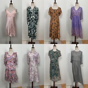 65古着vintage 桑蚕丝夏小个子复古中式宽松女漂亮真丝碎花连衣裙
