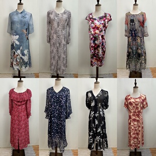 15古着vintage 桑蚕丝夏复古女士休闲柔软真丝优雅宽松碎花连衣裙