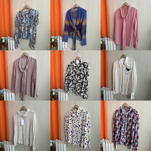 5古着vintage 夏季桑蚕丝上衣轻盈柔软女士简约真丝上装印花衬衫