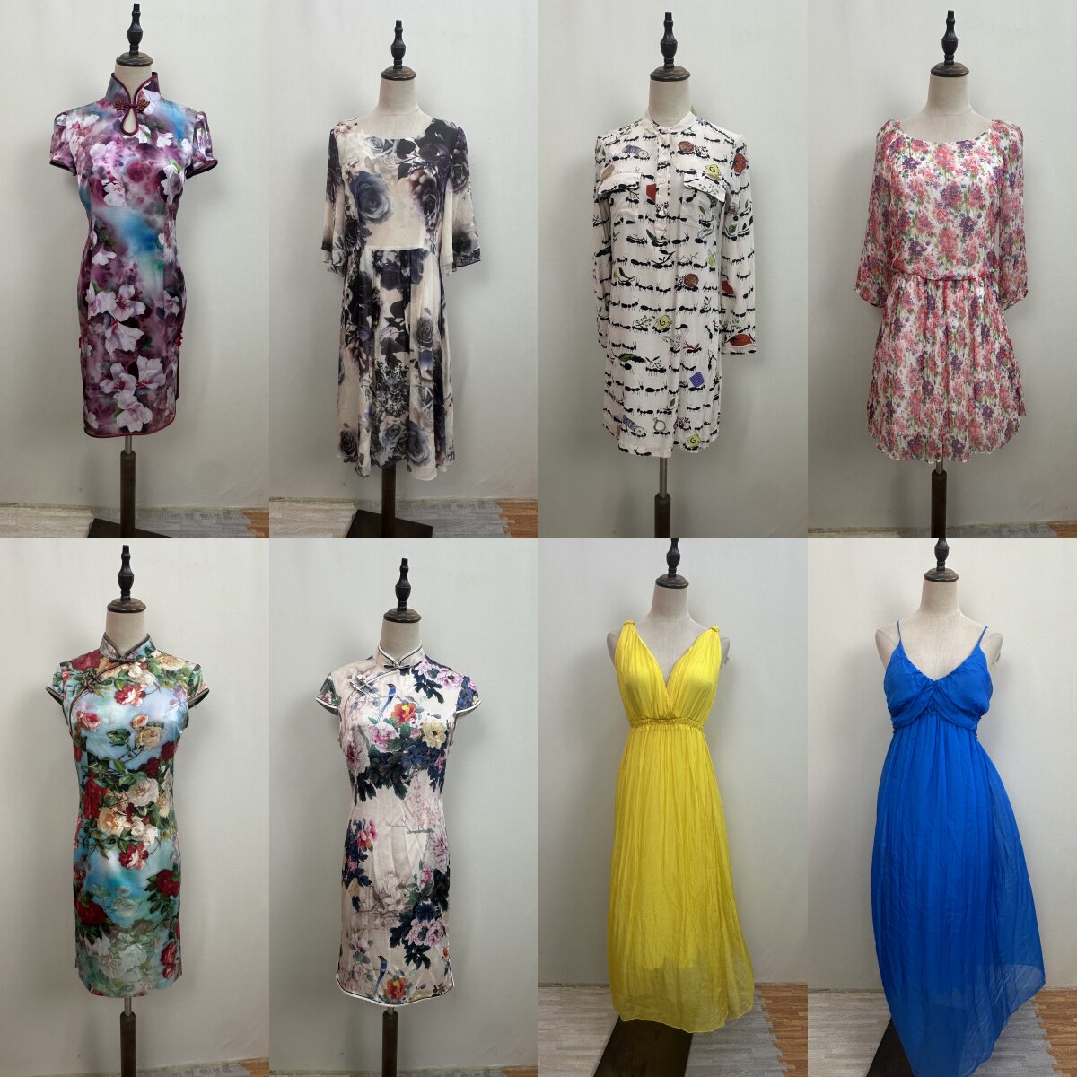 10古着vintage 桑蚕丝春夏季女士轻盈柔软双绉休闲碎花真丝连衣裙