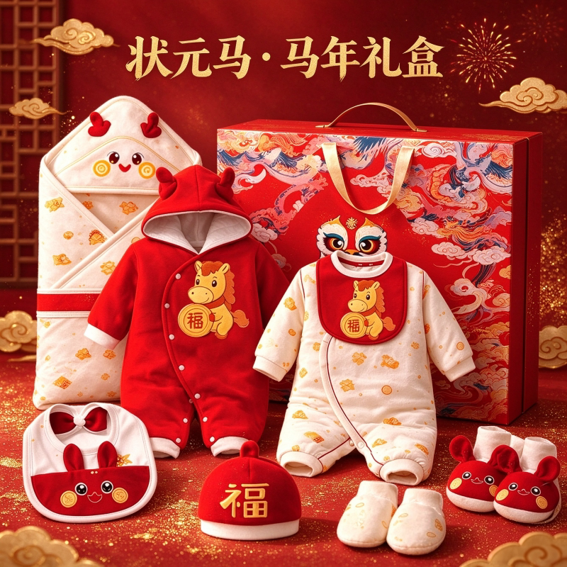 新生儿婴儿衣服礼盒冬季棉服马年套装送礼高档宝宝满月出生见面礼