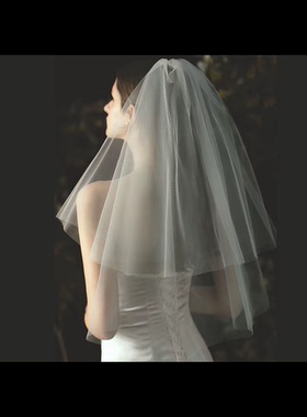 时尚新娘头纱简约白色双层婚礼求婚结婚结婚登记照拍照头饰发夹款