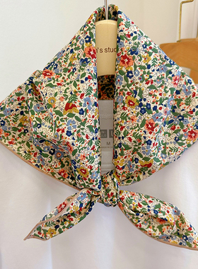 春秋夏季米黄底碎花纯棉小方巾丝巾女百搭日系森女田园棉围巾领巾