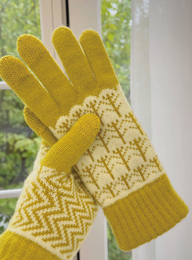 日系勾花针织手套黄色保暖秋冬毛线手套女分指骑车防寒冷开车加绒