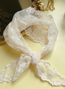 纯色蕾丝小丝巾女百搭长条围巾装饰三角巾领巾护颈绑头发丝带春秋