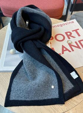 韩代同款灰黑色撞色边框保暖围巾含羊毛秋冬围巾男女同款双面厚软