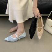 尖头浅口单鞋 女猫跟一字带玛丽珍鞋 百搭通勤鞋 法式 气质透气小皮鞋