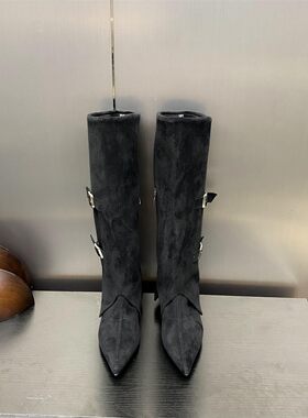 复古尖头皮带扣骑士靴女内